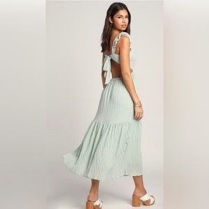 Lulus Dreamiest Darling Mint Smocked Tie-Back Tiered Midi Dress Size S.